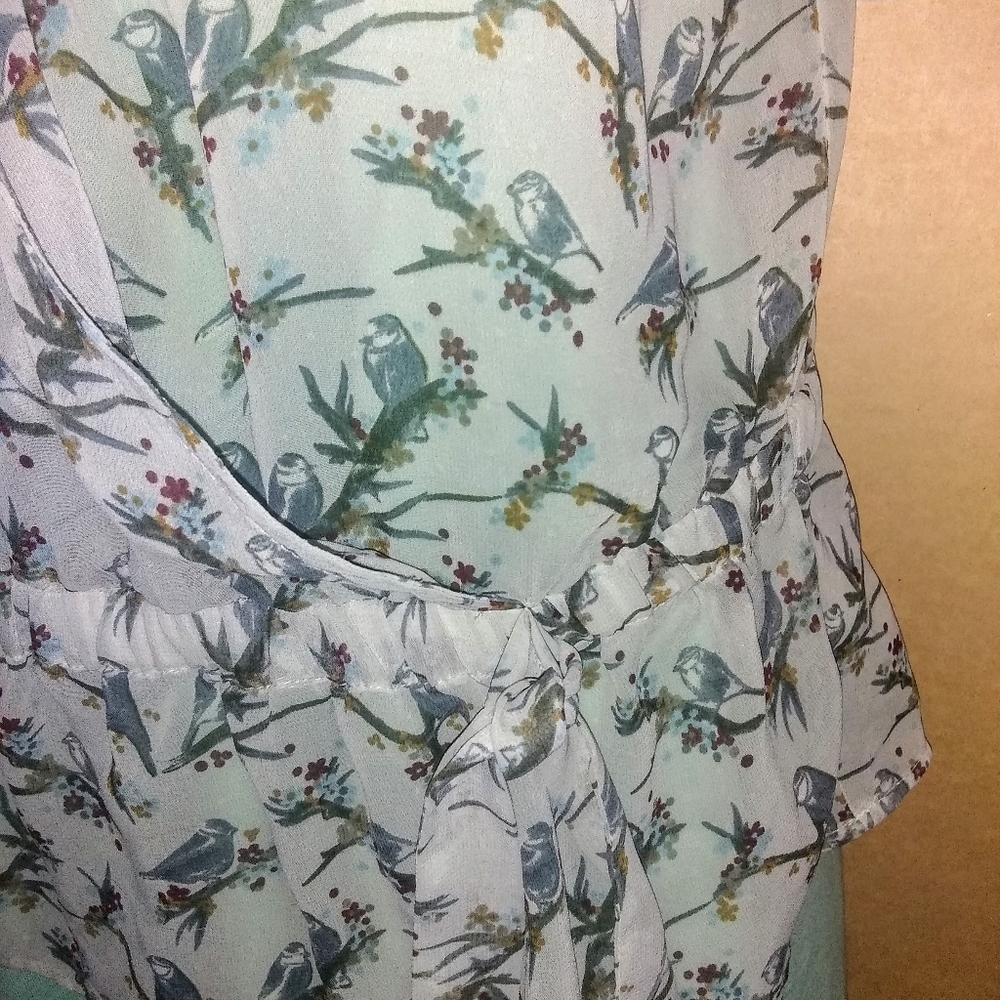 H&M Sheer light blue Bird Print Ruffle puffed Blouse as 8 - Picture 5 of 6